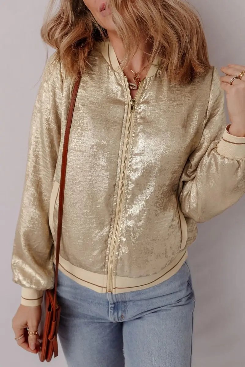Pale Khaki Metallic Zip up Baseball Jacket - Love Salve